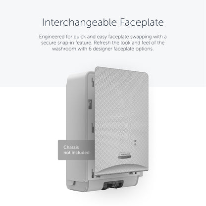 A Kimberly-Clark Professional™ Icon™ Dispenser Faceplate - eSkinCare (20,32 x 27,30 x 3,81 cm) da Kimberly-Clark GmbH é mostrada montada na parede; as instruções de etiqueta não estão incluídas. Frente facilmente substituível - um acessório essencial para lavabos.