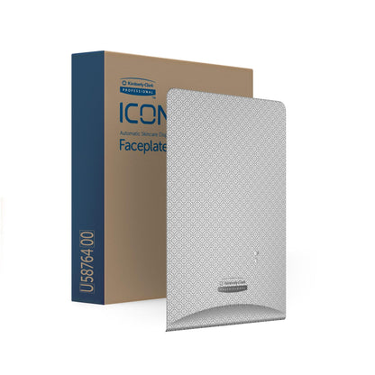 A Kimberly-Clark Professional™ Icon™ Dispenser Faceplate - eSkinCare (20,32 x 27,30 x 3,81 cm) da Kimberly-Clark GmbH é apresentada numa caixa castanho-azul com um padrão de losangos cinza claro e o logotipo da marca na parte inferior.