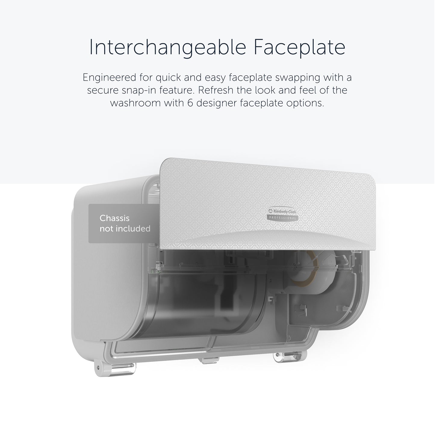 Um dispensador Kimberly-Clark Professional™ Icon™ montado na parede com uma faceplate SRBH durável e texturizada (32,39 x 10,80 x 3,18 cm) está parcialmente aberto, mostrando o design de fácil substituição; apenas a faceplate - chassi não incluído. Marca: Kimberly-Clark GmbH.