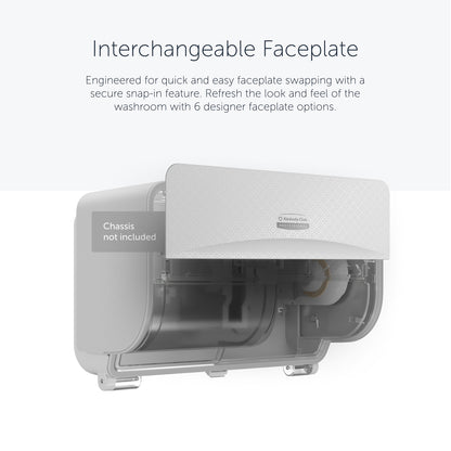 Um dispensador Kimberly-Clark Professional™ Icon™ montado na parede com uma faceplate SRBH durável e texturizada (32,39 x 10,80 x 3,18 cm) está parcialmente aberto, mostrando o design de fácil substituição; apenas a faceplate - chassi não incluído. Marca: Kimberly-Clark GmbH.