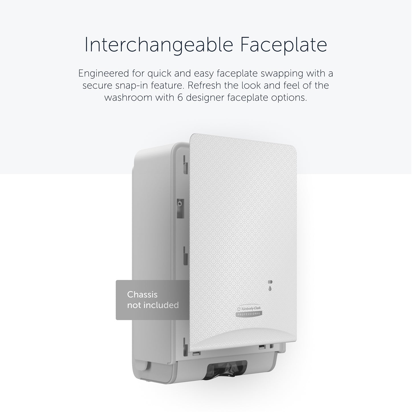 Uma Kimberly-Clark Professional™ Icon™ Dispenser Faceplate - eSkinCare (20,32 x 27,30 x 3,81 cm) da Kimberly-Clark GmbH está parcialmente aberta com uma função de encaixe; caixa não incluída; escolha entre seis opções de faceplate de designer.