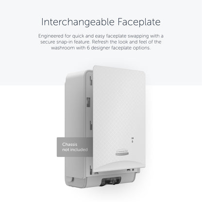 Uma Kimberly-Clark Professional™ Icon™ Dispenser Faceplate - eSkinCare (20,32 x 27,30 x 3,81 cm) da Kimberly-Clark GmbH está parcialmente aberta com uma função de encaixe; caixa não incluída; escolha entre seis opções de faceplate de designer.