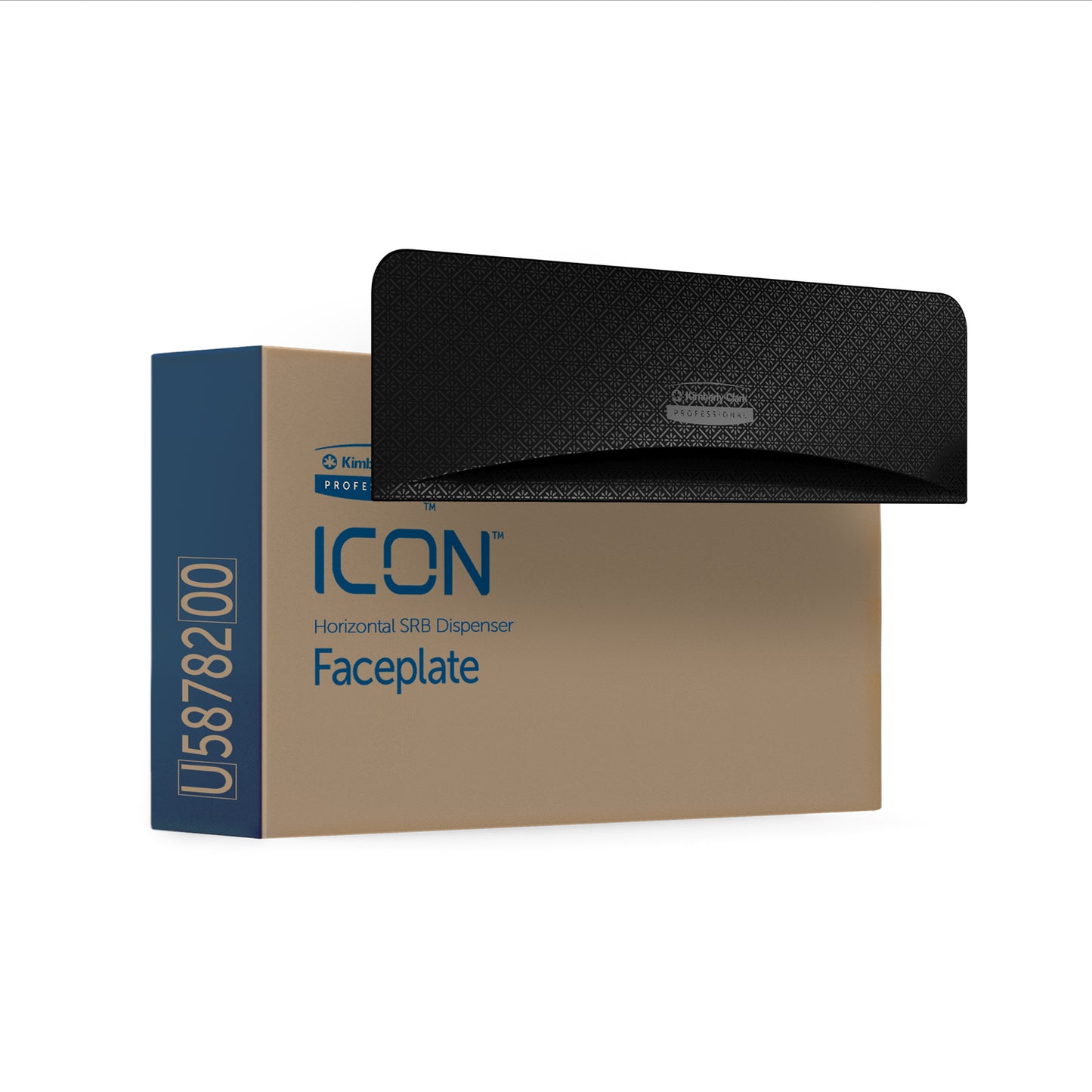 Uma caixa retangular com a inscrição "Kimberly-Clark Professional™ Icon™ Dispenser Faceplate - SRBH" (32,39x10,80x3,18 cm) da Kimberly-Clark GmbH mostra a faceplate preta texturizada, parcialmente removida da embalagem.