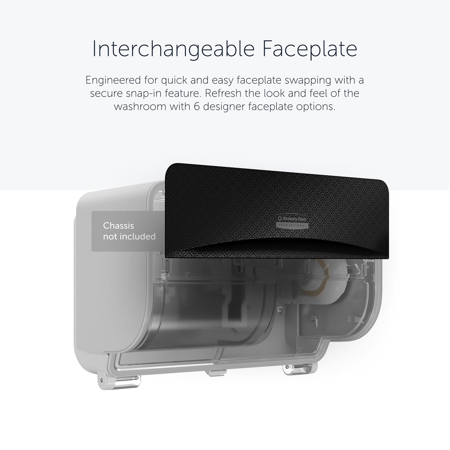 A Kimberly-Clark Professional™ Icon™ Dispenser Faceplate - SRBH (32,39 x 10,80 x 3,18 cm) da Kimberly-Clark GmbH é encaixada no chassi transparente do dispensador Icon; seis opções de design disponíveis. Chassis não incluído.
