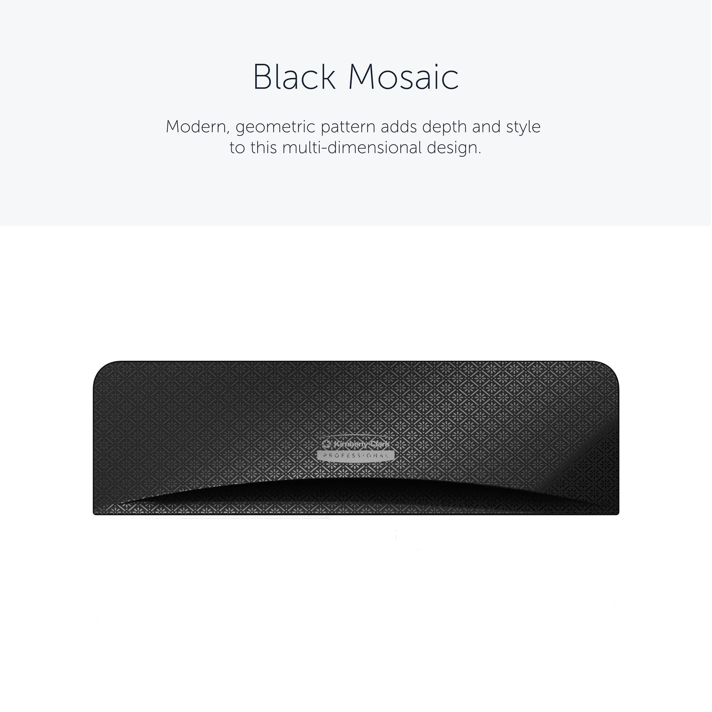 Uma faceplate retangular preta Kimberly-Clark Professional™ Icon™ Dispenser - SRBH (32,39 cm x 10,80 cm x 3,18 cm) com design de mosaico geométrico está centralizada em um fundo branco; "Black Mosaic" aparece acima, destacando o estilo durável da Kimberly-Clark GmbH.