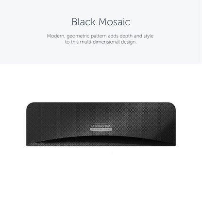 Uma faceplate retangular preta Kimberly-Clark Professional™ Icon™ Dispenser - SRBH (32,39 cm x 10,80 cm x 3,18 cm) com design de mosaico geométrico está centralizada em um fundo branco; "Black Mosaic" aparece acima, destacando o estilo durável da Kimberly-Clark GmbH.