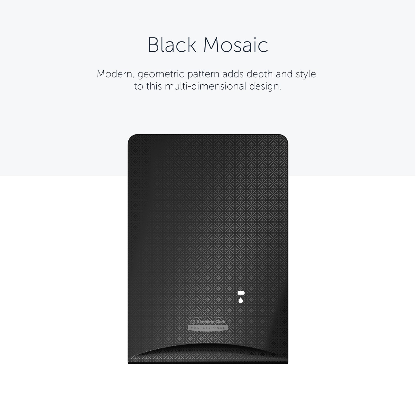 A Kimberly-Clark Professional™ Icon™ Dispenser Faceplate, Black Mosaic, da Kimberly-Clark GmbH destaca-se por um design moderno de mosaico geométrico que confere profundidade a qualquer lavabo. Tamanho: 20,32 cm x 27,30 cm x 3,81 cm.