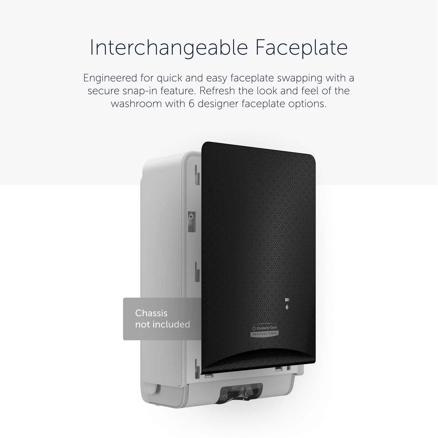 A Kimberly-Clark Professional™ Icon™ Dispenser Faceplate - eSkinCare (20,32 x 27,30 x 3,81 cm) da Kimberly-Clark GmbH está parcialmente aberta e é facilmente substituível; caixa não incluída.