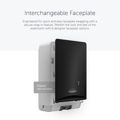 A Kimberly-Clark Professional™ Icon™ Dispenser Faceplate - eSkinCare (20,32 x 27,30 x 3,81 cm) da Kimberly-Clark GmbH está parcialmente aberta e é facilmente substituível; caixa não incluída.