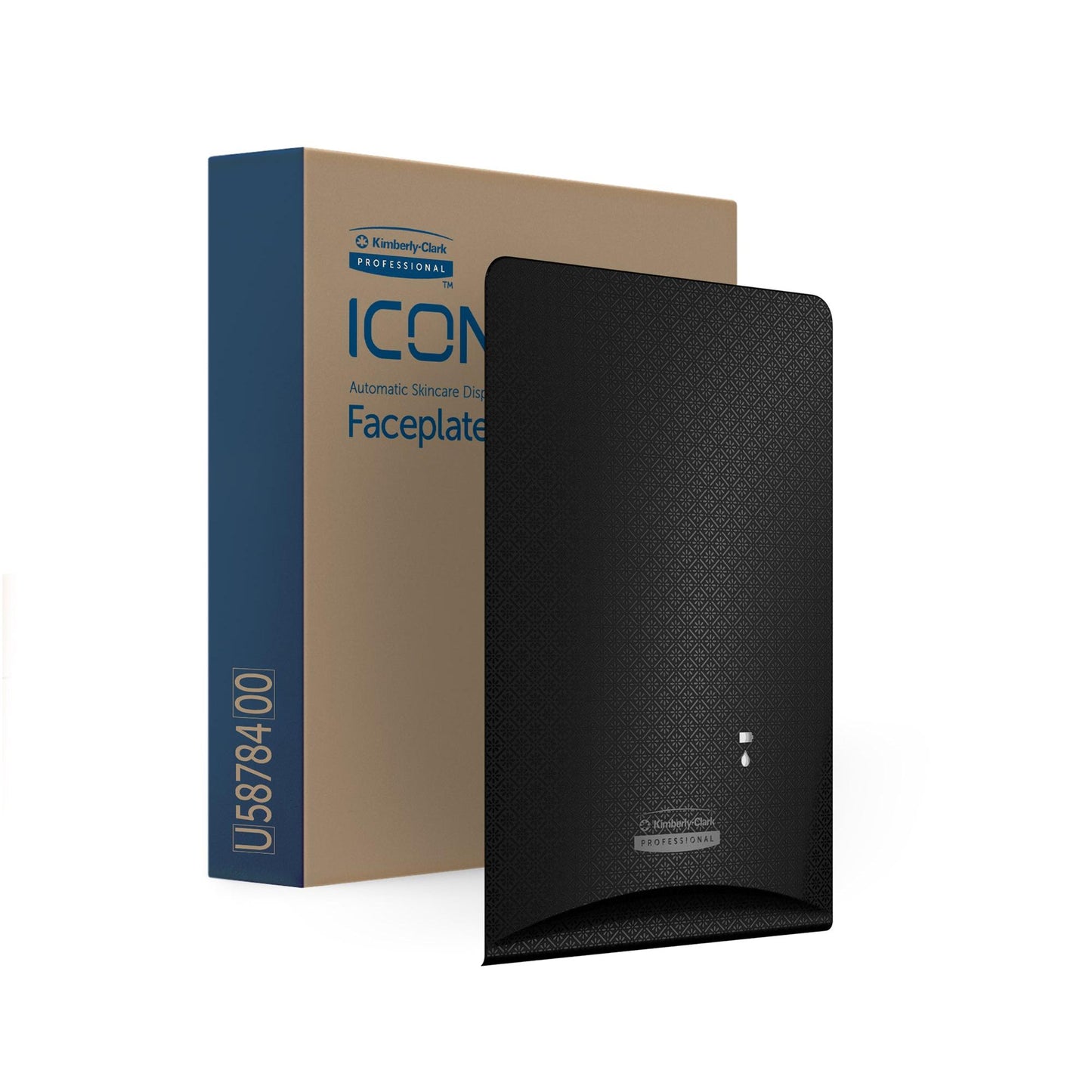 Atrás de uma caixa com a inscrição "Kimberly-Clark Professional™ Icon™ Dispenser Faceplate - eSkinCare" encontra-se uma faceplate preta texturizada (20,32 x 27,30 x 3,81 cm) da Kimberly-Clark GmbH com uma embalagem azul e bege, ideal para acessórios de lavabos.