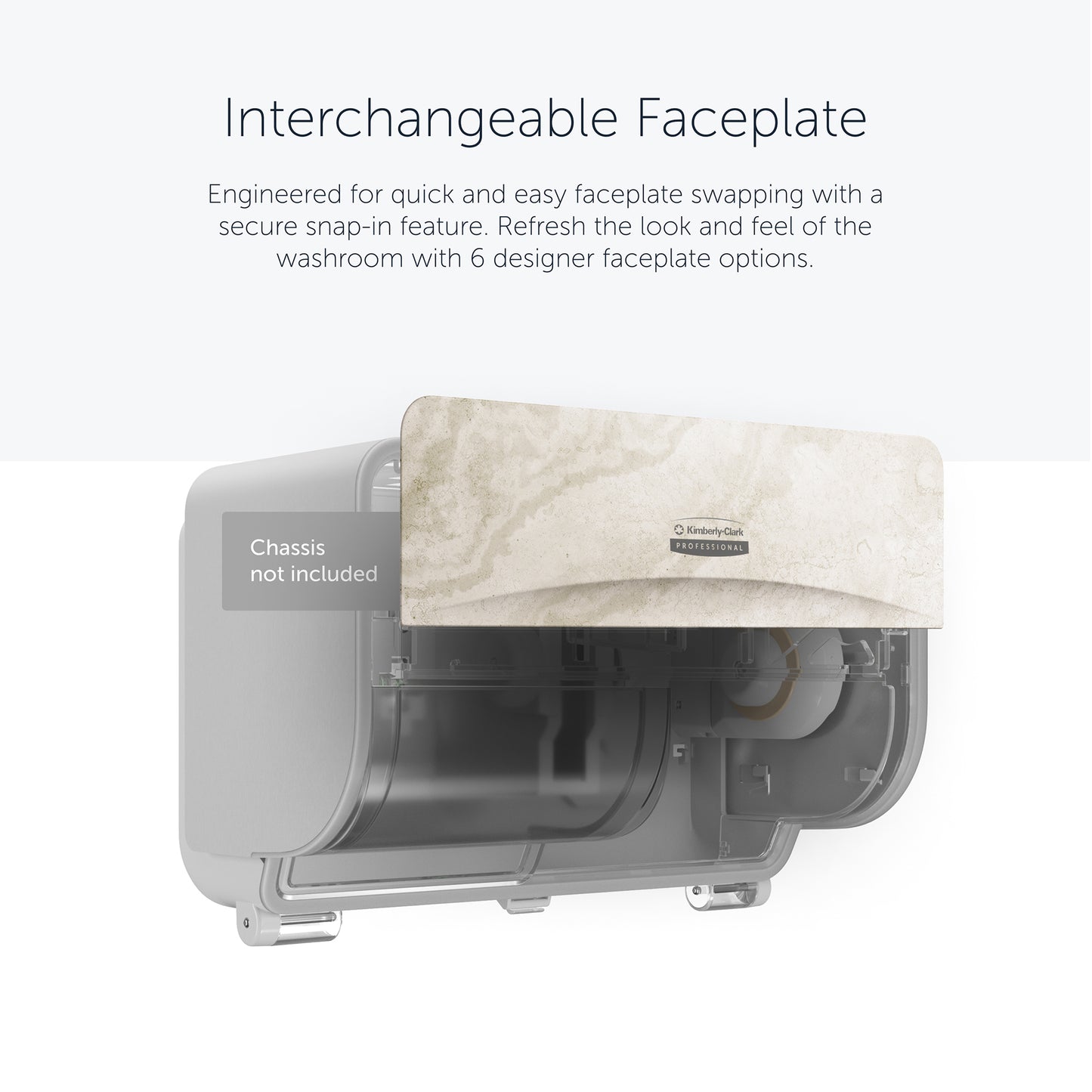 Um dispensador montado na parede Kimberly-Clark GmbH Professional™ Icon™ possui uma faceplate SRBH durável e substituível (32,39 x 10,80 x 3,18 cm) com uma área transparente que mostra os componentes internos e opções de design personalizáveis.