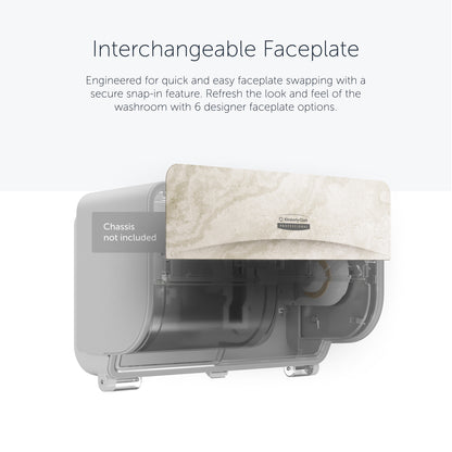 Um dispensador montado na parede Kimberly-Clark GmbH Professional™ Icon™ possui uma faceplate SRBH durável e substituível (32,39 x 10,80 x 3,18 cm) com uma área transparente que mostra os componentes internos e opções de design personalizáveis.