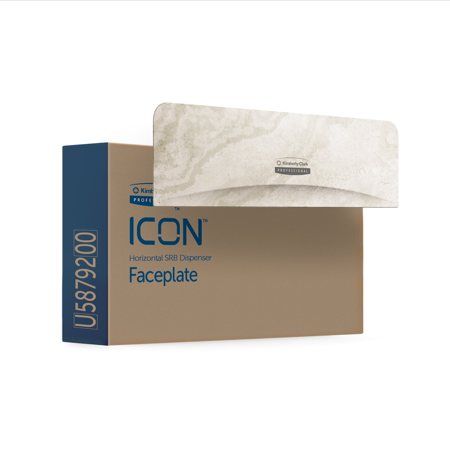 Uma caixa retangular com a inscrição "Kimberly-Clark Professional™ Icon™ Dispenser Faceplate - SRBH, 32,39x10,80x3,18 cm" da Kimberly-Clark GmbH tem uma frente marmorizada e a designação U5879200, desenvolvida para sistemas de dispensadores Icon.