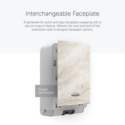 É mostrada uma Kimberly-Clark Professional™ Icon™ Dispenser Faceplate em eSkinCare (20,32x27,30x3,81 cm) da Kimberly-Clark GmbH, ideal para lavabos; a cobertura é de fácil substituição. Caixa do dispensador não incluída.