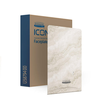 Uma Kimberly-Clark GmbH Professional™ Icon™ Dispenser Faceplate para eSkinCare (20,32 x 27,30 x 3,81 cm) está ao lado da caixa "Faceplate", cujo design em mármore bege torna qualquer lavabo elegante.