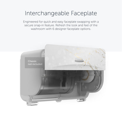 Uma Kimberly-Clark GmbH Icon™ Dispenser Faceplate-SRBH com padrão de mármore é parcialmente transparente e destaca o design durável e substituível Snap-in (32,39x10,80x3,18 cm). Chassis não incluído.
