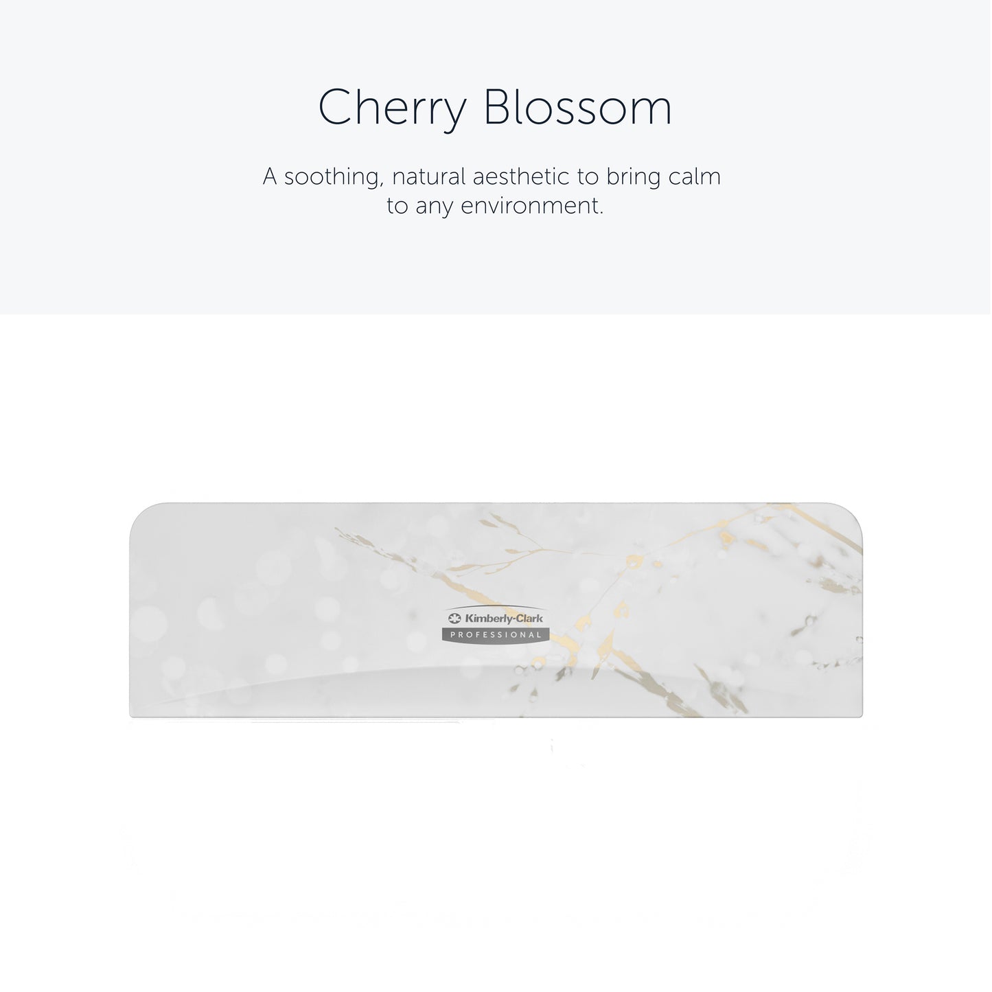 A Kimberly-Clark Professional™ Icon™ Dispenser Faceplate - SRBH (32,39 cm x 10,80 cm x 3,18 cm) da Kimberly-Clark GmbH destaca-se por um padrão de mármore branco e cinza claro, um rótulo central Icon™ e acentos "Cherry Blossom" para um visual calmante.