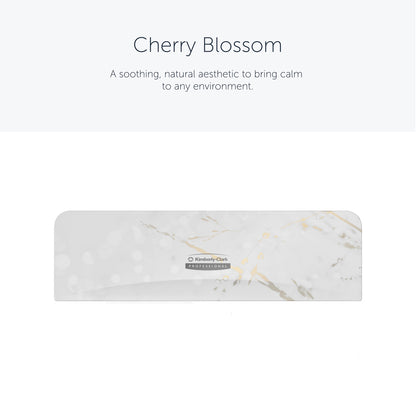 A Kimberly-Clark Professional™ Icon™ Dispenser Faceplate - SRBH (32,39 cm x 10,80 cm x 3,18 cm) da Kimberly-Clark GmbH destaca-se por um padrão de mármore branco e cinza claro, um rótulo central Icon™ e acentos "Cherry Blossom" para um visual calmante.