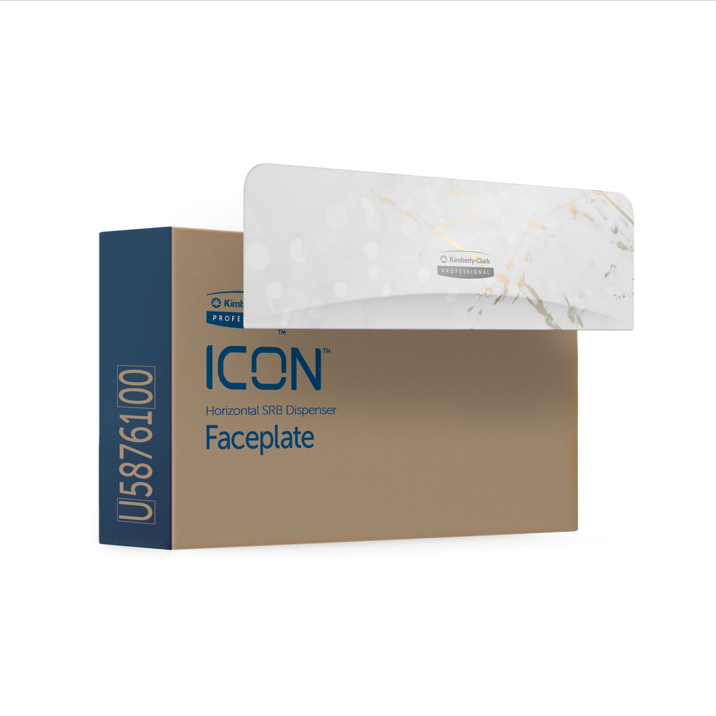 Uma caixa com a inscrição "Kimberly-Clark Professional™ Icon™ Dispenser Faceplate - SRBH" da Kimberly-Clark GmbH, código U5876100, está parcialmente coberta na parte superior com uma faceplate durável e marmorizada.