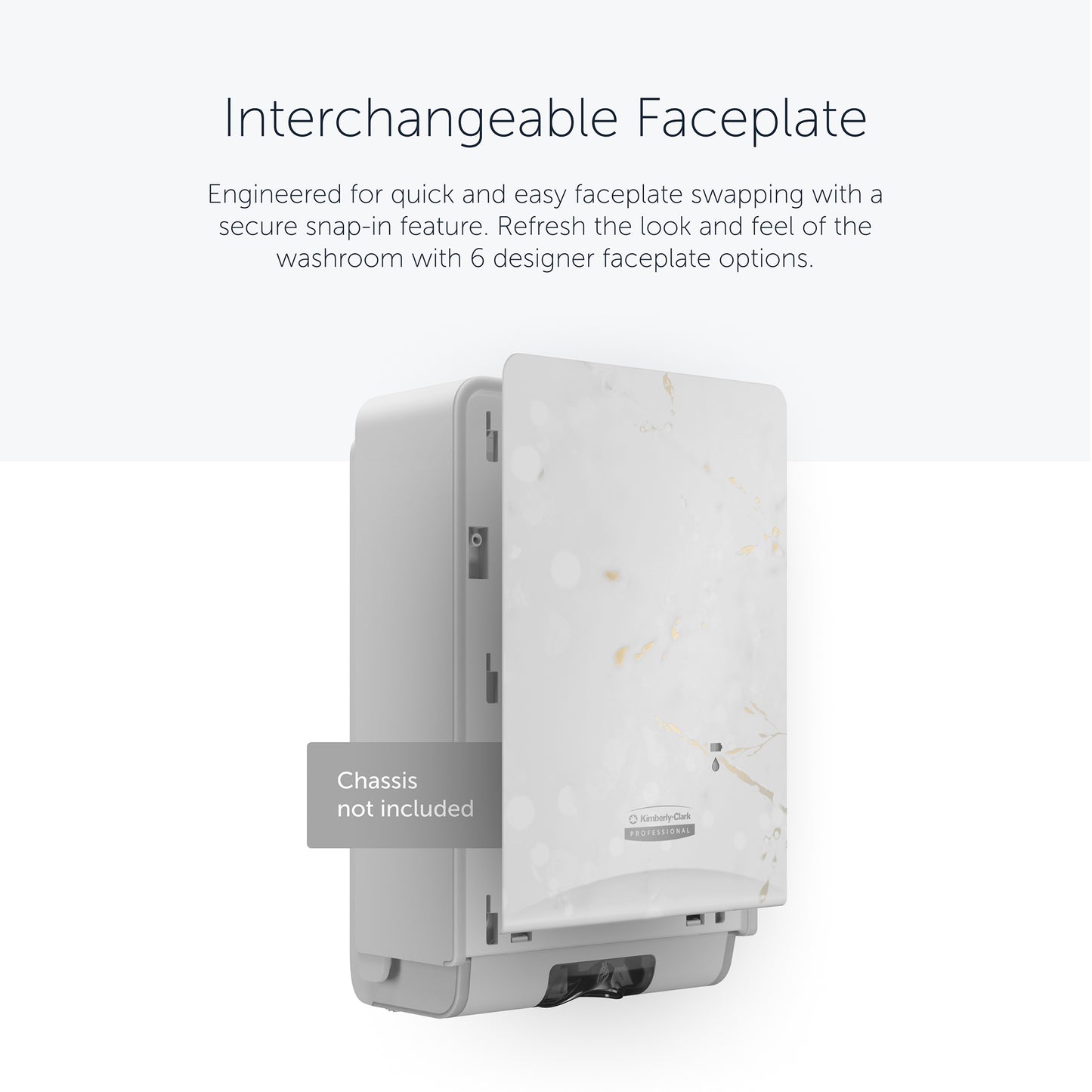 A Kimberly-Clark Professional™ Icon™ Dispenser Faceplate - eSkinCare (20,32 x 27,30 x 3,81 cm) da Kimberly-Clark GmbH destaca-se por um padrão de mármore e uma fácil troca entre seis opções de design, valorizando o seu acessório de lavabo. Chassis não incluído.