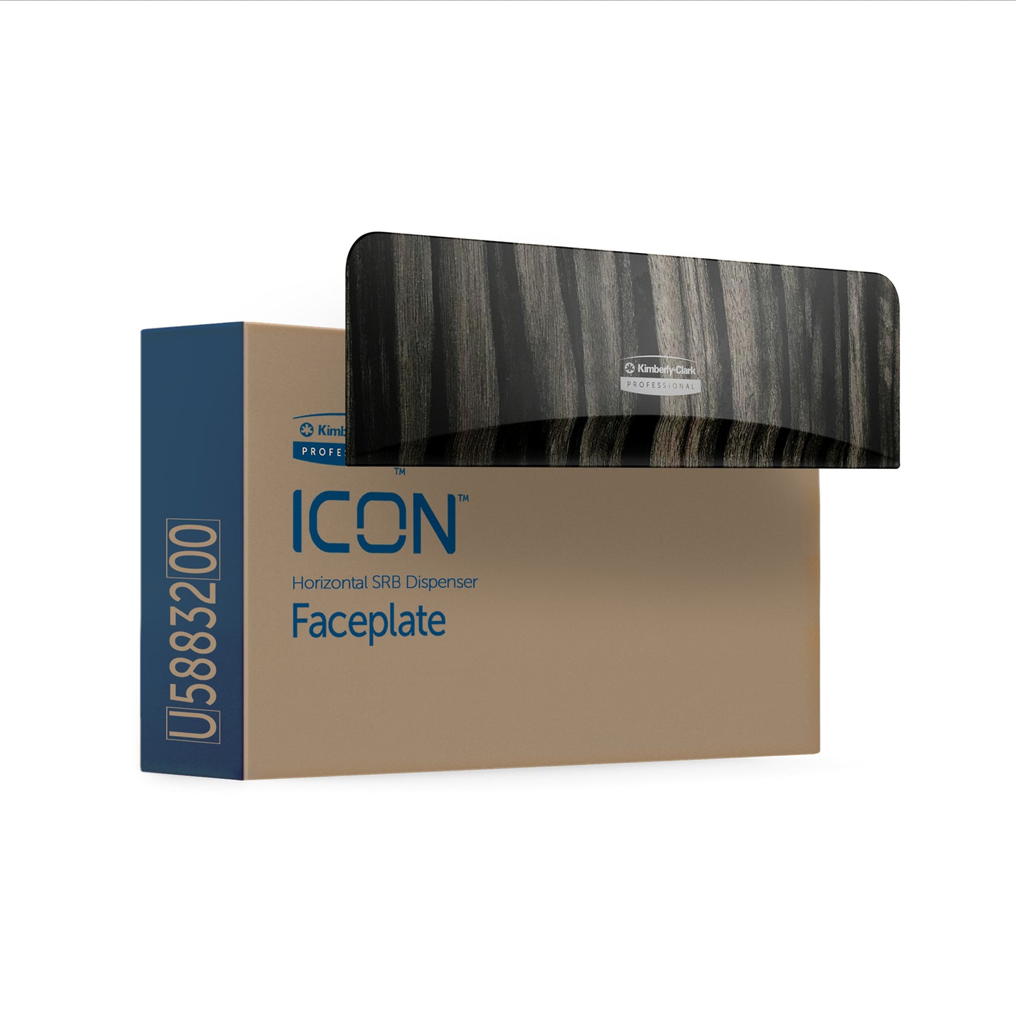 A duradoura placa frontal do dispensador Kimberly-Clark Professional™ Icon™ - SRBH (32,39 x 10,80 x 3,18 cm) da Kimberly-Clark GmbH com veios de madeira escura é apresentada numa caixa com "ICON Faceplate" e "U583200".