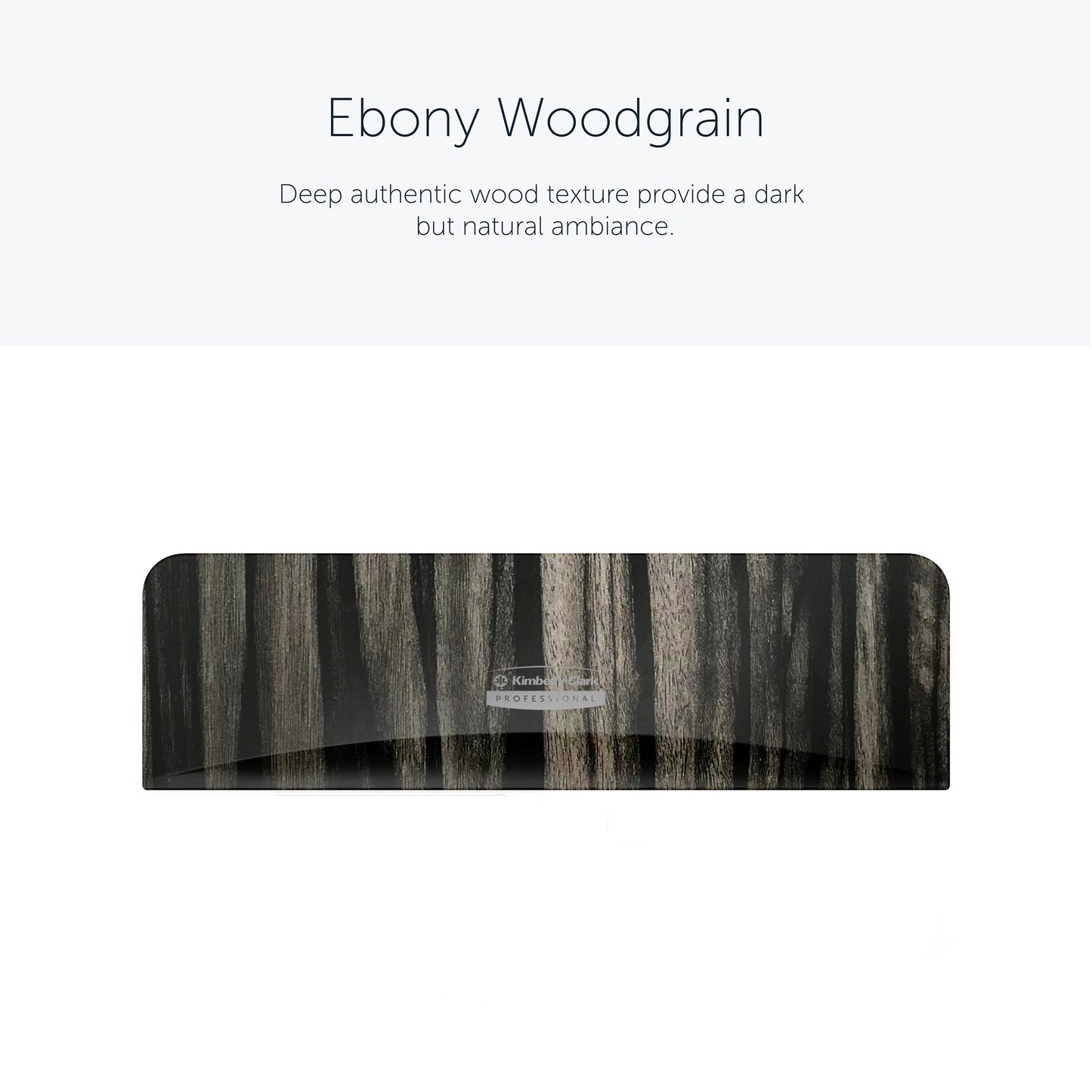 Um apoio para as mãos com veios de ébano e listras escuras e claras realistas reflete a aparência de alta qualidade e o estilo duradouro da placa frontal do dispensador Kimberly-Clark Professional™ Icon™ - SRBH da Kimberly-Clark GmbH.