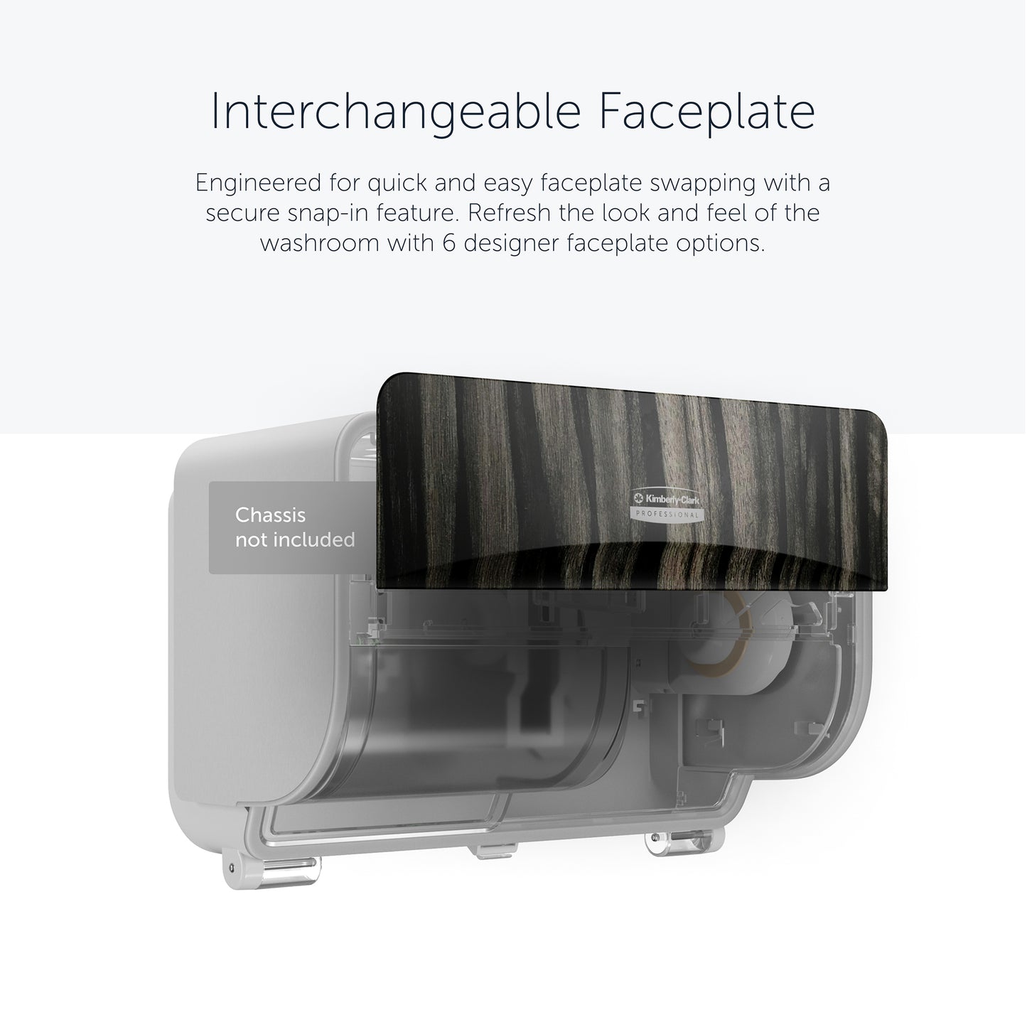 Uma placa frontal do dispensador Kimberly-Clark Professional™ Icon™ - SRBH (32,39 x 10,80 x 3,18 cm) da Kimberly-Clark GmbH está anexada a um dispensador de toalhas de papel e mostra a função de encaixe seguro, o design robusto e as várias opções de design.