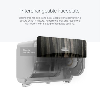 Uma placa frontal do dispensador Kimberly-Clark Professional™ Icon™ - SRBH (32,39 x 10,80 x 3,18 cm) da Kimberly-Clark GmbH está anexada a um dispensador de toalhas de papel e mostra a função de encaixe seguro, o design robusto e as várias opções de design.