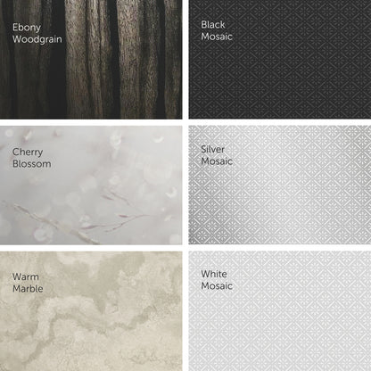 Uma colagem de seis azulejos - padrão de madeira de ébano, mosaico preto, flor de cerejeira, mosaico prateado, mármore quente e mosaico branco - destaca as opções elegantes para a placa frontal do dispensador Kimberly-Clark Professional™ Icon™ da Kimberly-Clark GmbH.
