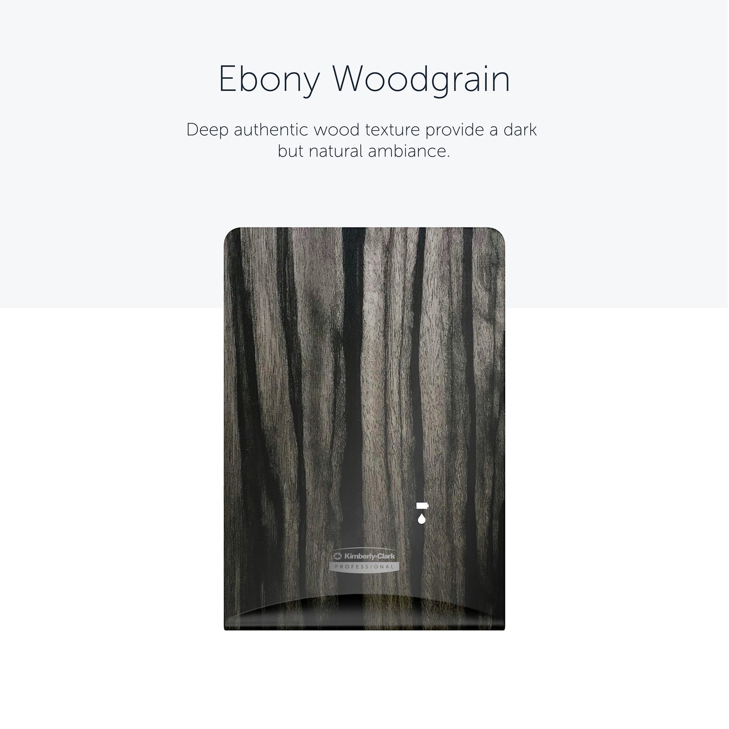 A placa frontal do dispensador Kimberly-Clark Professional™ Icon™ da Kimberly-Clark GmbH em "Ebony Woodgrain" apresenta listras verticais escuras e claras, conferindo a qualquer lavabo uma aparência natural e, ao mesmo tempo, sofisticada. Tamanho: 20,32 x 27,30 x 3,81 cm.