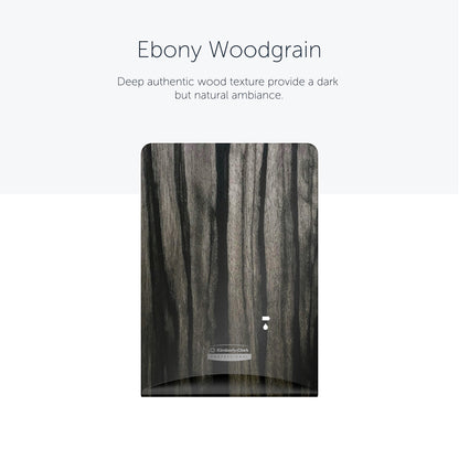 A placa frontal do dispensador Kimberly-Clark Professional™ Icon™ da Kimberly-Clark GmbH em "Ebony Woodgrain" apresenta listras verticais escuras e claras, conferindo a qualquer lavabo uma aparência natural e, ao mesmo tempo, sofisticada. Tamanho: 20,32 x 27,30 x 3,81 cm.