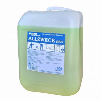 Um recipiente transparente de 10L da Abena Re-Seller GmbH GastroPower Allzweckreiniger, incolor e inodoro, com uma pega incorporada. O rótulo alemão mostra "ALLZWECK plus" e instruções de uso - ideal para as necessidades de limpeza na gastronomia.