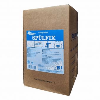 Uma caixa de papelão marrom com a inscrição "GastroPower Spülfix Öko-Box, 10 l" da Abena Re-Seller GmbH com instruções azul-brancas, símbolos de perigo e uma marca de 10 litros; este detergente biodegradável é ecologicamente correto.