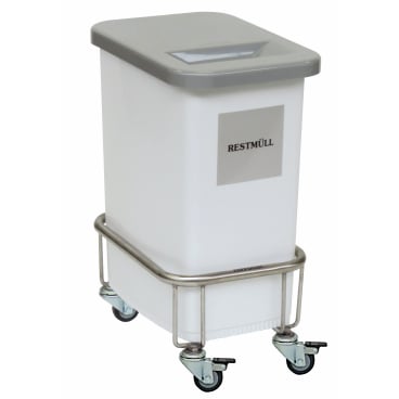 Um contentor de resíduos Novocal branco e retangular com a inscrição "RESTMÜLL" e uma tampa cinza está montado em um chassi de coletor de materiais recicláveis Novocal com quatro rodízios, dois deles com freio.