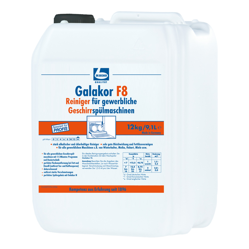 Um recipiente de plástico branco de 12 kg com Dr. Becher Galakor F8 Limpeza para máquinas de lavar louça comerciais da Dr. Becher GmbH com tampa de rosca azul, rótulo do produto em alemão e tabela de dosagem na frente.