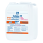 Um recipiente de plástico branco de 12 kg da Dr. Becher GmbH com a inscrição "Dr. Becher Galakor F9 Detergente para louça", na frente do qual estão impressas informações sobre o produto e instruções em alemão para máquinas de lavar louça comerciais.