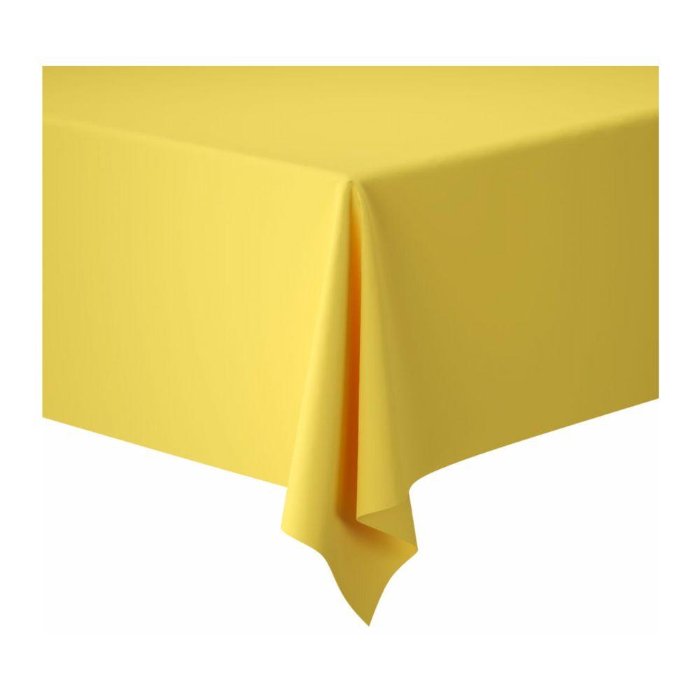 Eine Dunicel-Tischdeckenrollen-Tischdecke (1,18 m x 10 m) von Duni GmbH in Gelb bedeckt eine Tischecke, der glatte Stoff fällt gleichmäßig auf beiden Seiten – perfekt für Hochzeiten, Bankette, Firmenveranstaltungen – vor einem weißen Hintergrund.