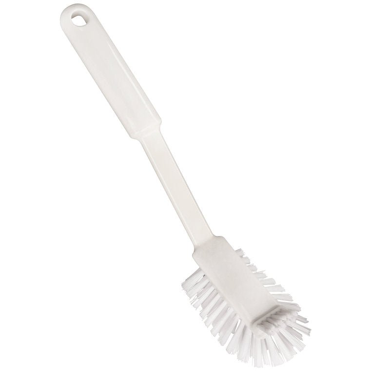 A ESCOVA SUAVE DE CERDAS DURAS da Haug Bürsten KG é uma escova de lavar de náilon 6.6 branca (ø 0,40mm, média) com cabo longo e furo para pendurar, ideal para a limpeza suave. Tamanho: 275x60x20 mm.