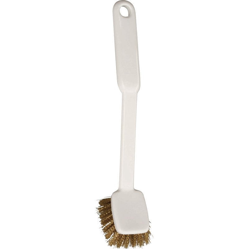 O TOPFFEGER ECKIG de Haug Bürsten KG é uma escova de cabo branco com cerdas rígidas castanhas de fio de latão de ø 0,18mm, com dimensões de 255x55x20mm e um orifício de suspensão - ideal para limpar panelas e frigideiras.