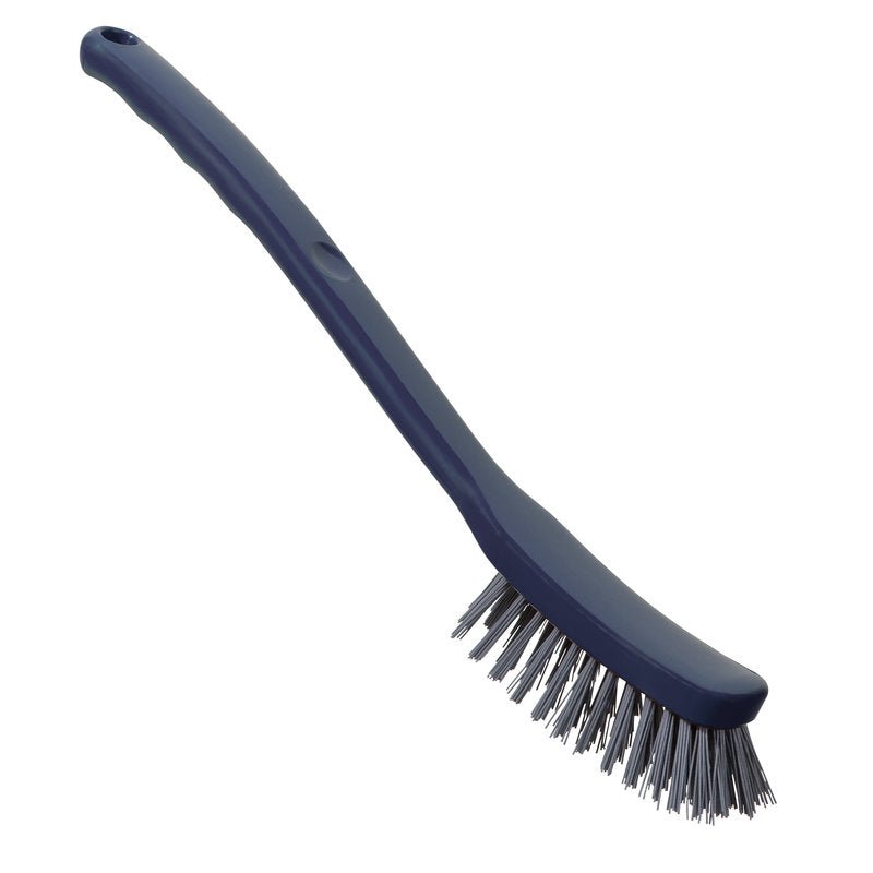 A METDEC PREM. UNIVERSALBÜRSTE PBT de Haug Bürsten KG é uma escova de limpeza cinza-azulada (296x25x23mm) com cabo longo e angulado e cerdas rígidas, exibida em fundo branco.