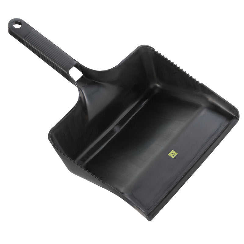 A PÁ DE LIXO ESD QUADRADA, S/LABIO PRETA (350x222x110mm) de Haug Bürsten KG possui um cabo texturizado e um pequeno adesivo amarelo, mostrado em fundo branco - ideal para ambientes sensíveis à eletricidade estática.