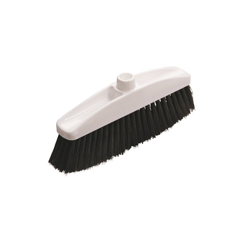 O VASSOURA PARA CONJUNTO DE LIMPEZA FUTURA POLY.PRETO ø 0,20MM BRANCO da Haug Bürsten KG é uma cabeça de vassoura branca de plástico com cerdas pretas e um furo central de 20mm para fixação do cabo, ilustrado em um fundo branco simples.