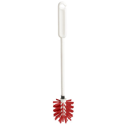 A URINALBÜRSTE M.FLEXIBL.BÜRSTEN KOPF da Haug Bürsten KG tem um cabo branco e cerdas vermelhas com uma cabeça de escova flexível de 0,35 mm para uma limpeza minuciosa de urinóis, ilustrada num fundo branco simples.