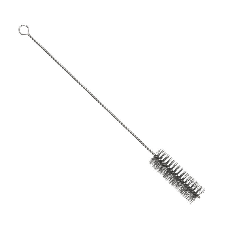 A ESCOVA DE TUBO METAL DETECT, FIO DE AÇO INOXIDÁVEL, PBT CINZA, 500xØ40mm de Haug Bürsten KG possui cerdas cilíndricas densas e uma haste de fio torcido com extremidade em laço. Representada sobre um fundo branco; ideal para a limpeza fina de tubos.