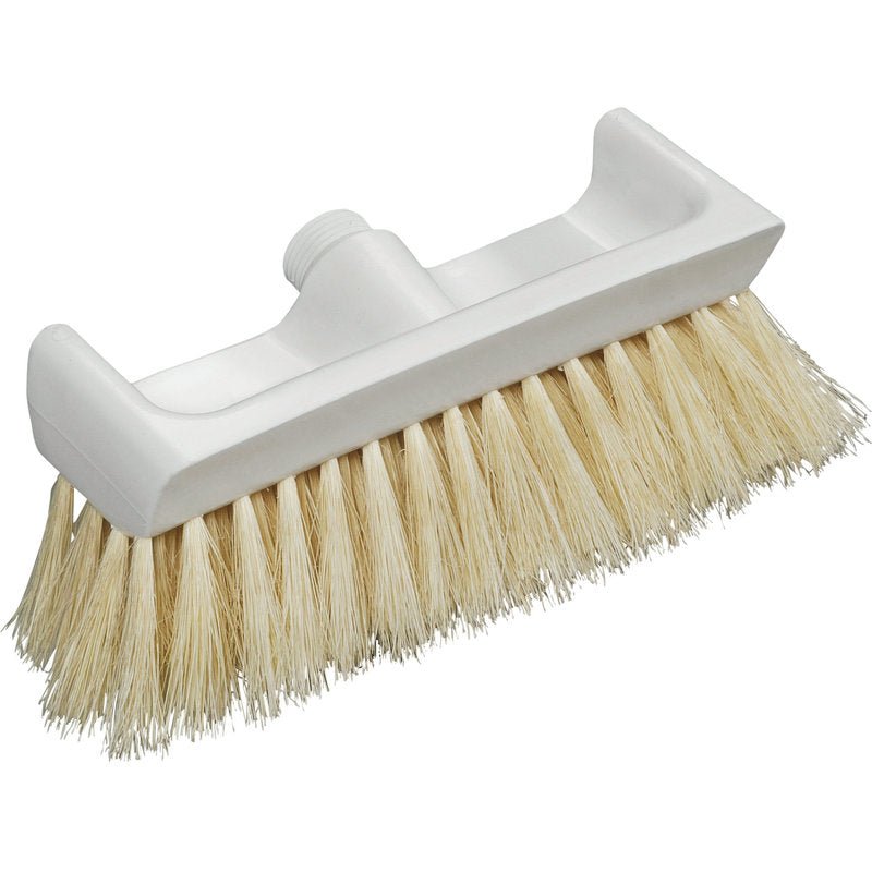A VASSOURA DE FORNO COM BORDA RASPADORA FIBRA NATURAL, 270X100X65MM da Haug Bürsten KG é uma cabeça de esfregão de plástico branco com cerdas de fibra natural rígidas e uma rosca para fixação do cabo.