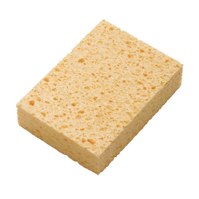 A ESPONJA DE CELULOSE, AMARELA 140X100X46MM da Haug Bürsten KG é uma esponja amarela retangular com textura porosa visível, ideal para uso doméstico e representada sobre um fundo branco.