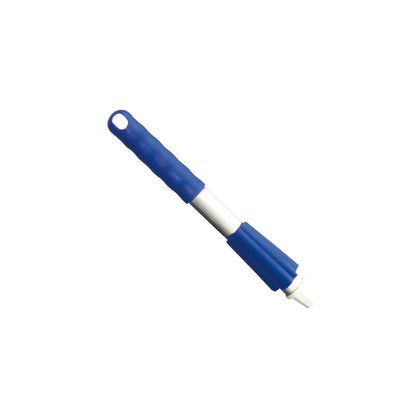 Uma imagem de perto da escova de limpeza da Haug Bürsten KG CURTO-ALUMÍNIO, 300MM, TAMPA E PORCA com cabo azul e cerdas brancas. O cabo tem um orifício para pendurar, tudo sobre um fundo branco simples.