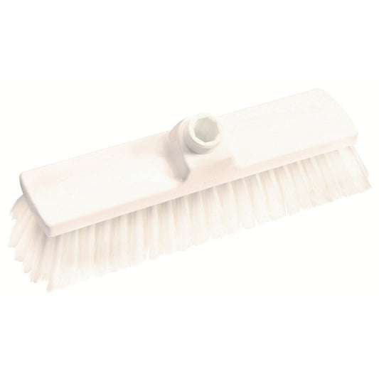 Die BESEN, PBT WEICH 300X70X50MM, GESCHLITZT von Haug Bürsten KG verfügt über einen weißen, rechteckigen Scheuerkopf mit geschlitzten Borsten und zentralem Griffloch. Die weichen, geschlitzten Borsten sind ideal für die schonende Reinigung von empfindlichen Oberflächen.