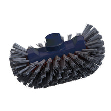 Eine Nahaufnahme der Haug Bürsten KG METDEC PREM. KESSELBÜRSTE, PBT grau/blau, 200x125x35mm zeigt dichte, steife PBT-Borsten für die industrielle Reinigung, gleichmäßig verteilt auf einem dunkelblauen Kopf vor weißem Hintergrund.