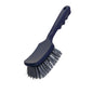 A METDEC PREM. ESCOVA DE CABO da Haug Bürsten KG possui um cabo curvado azul escuro com orifício para pendurar e cerdas cinzas rígidas de PBT com as dimensões de 260x72x35mm, isolado em fundo branco.